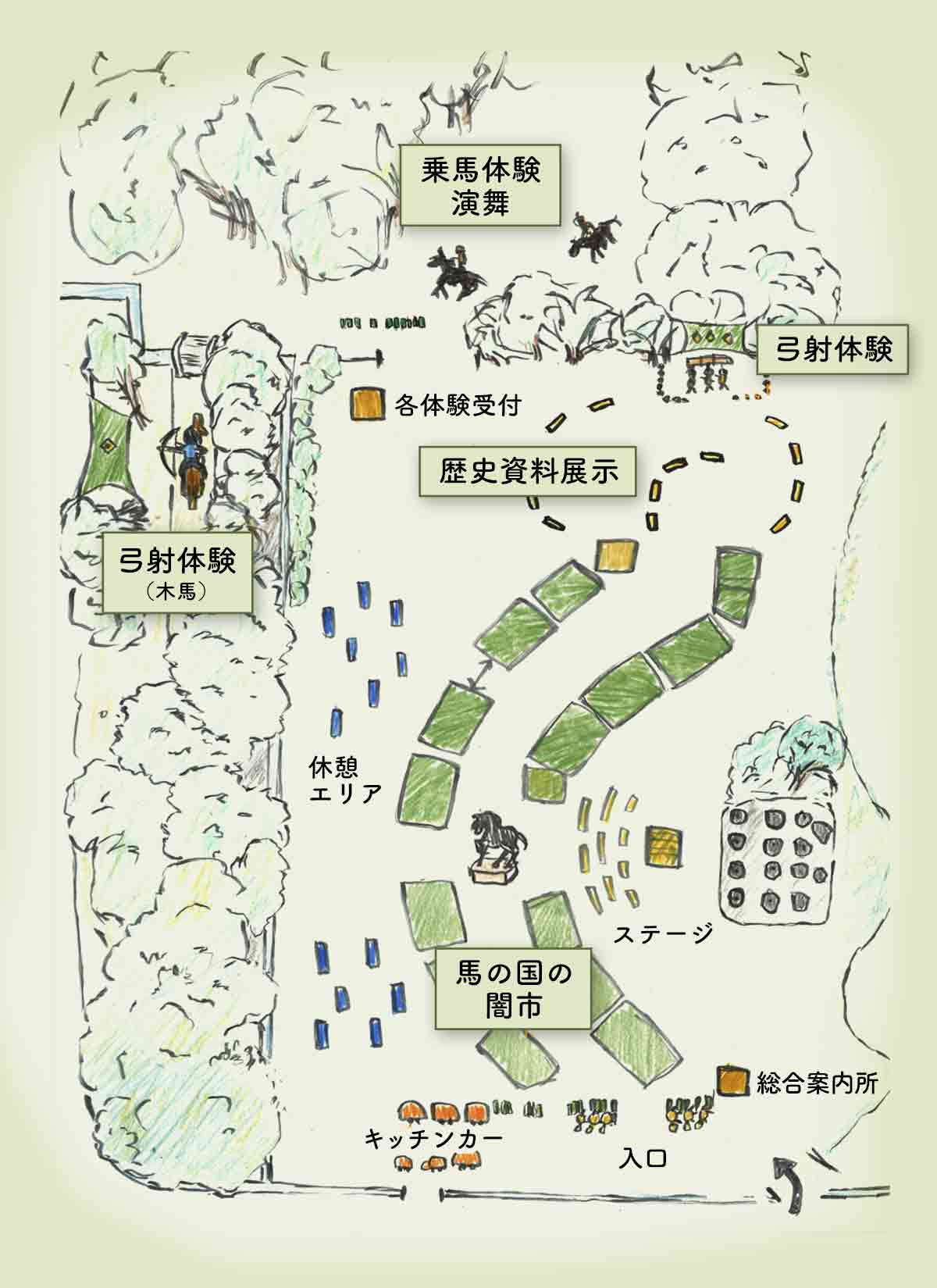 うまるしぇ2026の会場MAP│闇市マルシェ・弓射体験・木曽馬の演舞も！